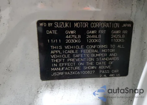 2012 Suzuki Kizashi Se z USA, uszkodzony, nr VIN JS2RF9A3XC6100827